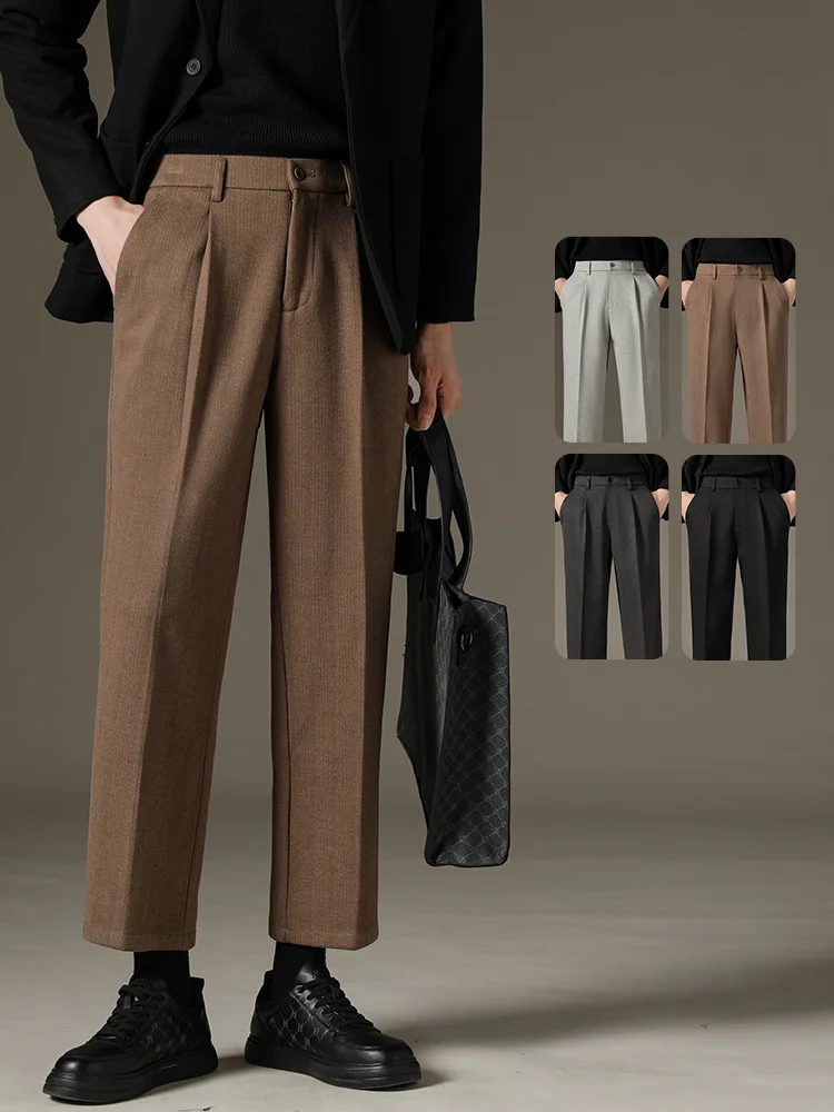 

Luxury Quality Autumn Winter Stripe Suit Men's Ankle Length Pants Business Korean Thick Grey Brown Formal Long Trousers Brand