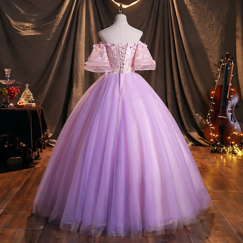 الأرجواني الكرة ثوب المرأة فساتين Quinceanera تول الزهور حفلة موسيقية حفلة عيد ميلاد فساتين رسمية Vestido دي Noche Abenkleider