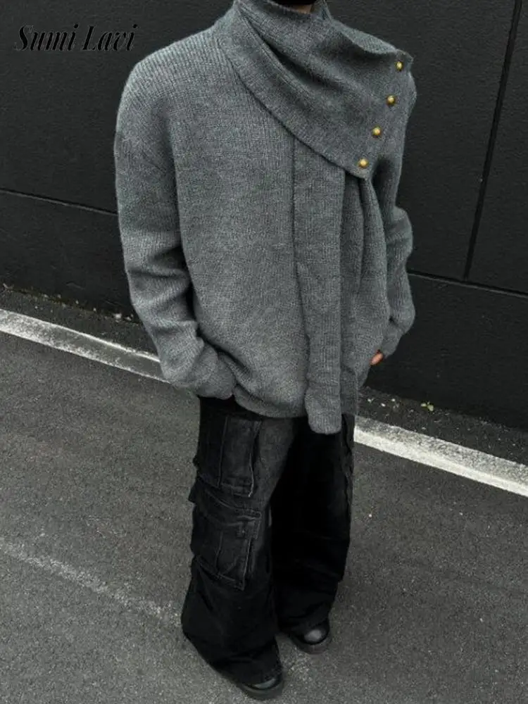 

Outdoor Casual Men's Knitting Pullover Tops Fall Winter Trendy Irregular Turtleneck Slim Sweaters Men Vintage Buttoned Sweater