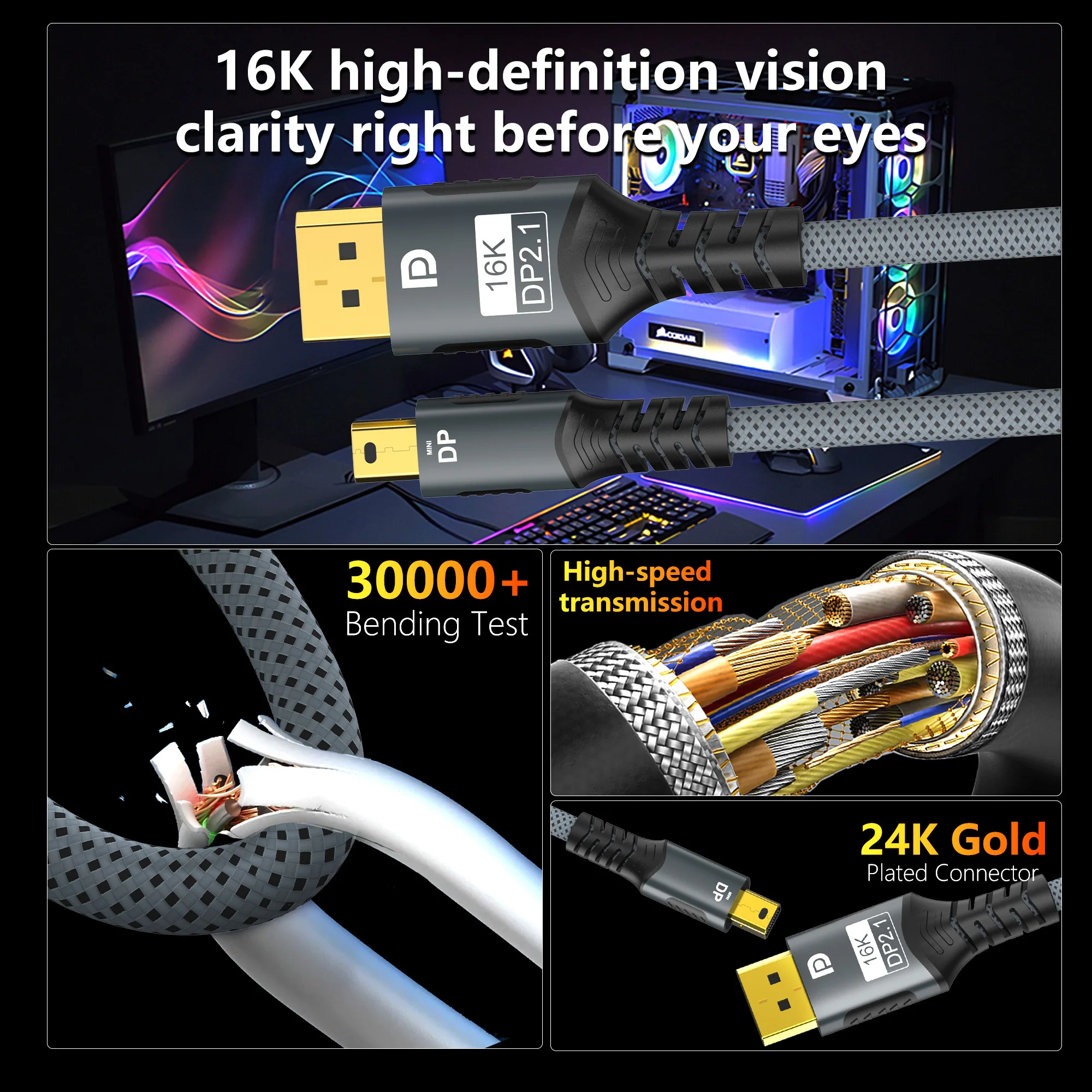 Mini-DP zu DisplayPort Kabel DP2.1 Bidirektionales Konvertierungs-Übertragungskabel 16K@60Hz 8K@120Hz für MacBook Air Monitor – Detail 6