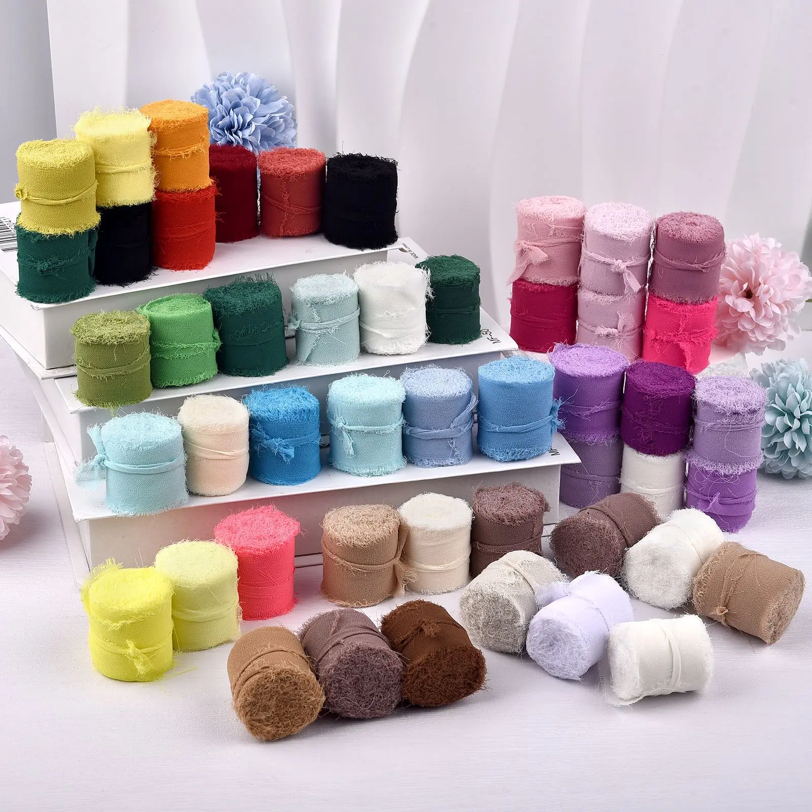 

3pcs Handmade Frayed Edged Wrinkle Chiffon Silk Ribbon For Wedding Invitation Wrapping Decor Sheer Fringe Craft Bridal Bouquet