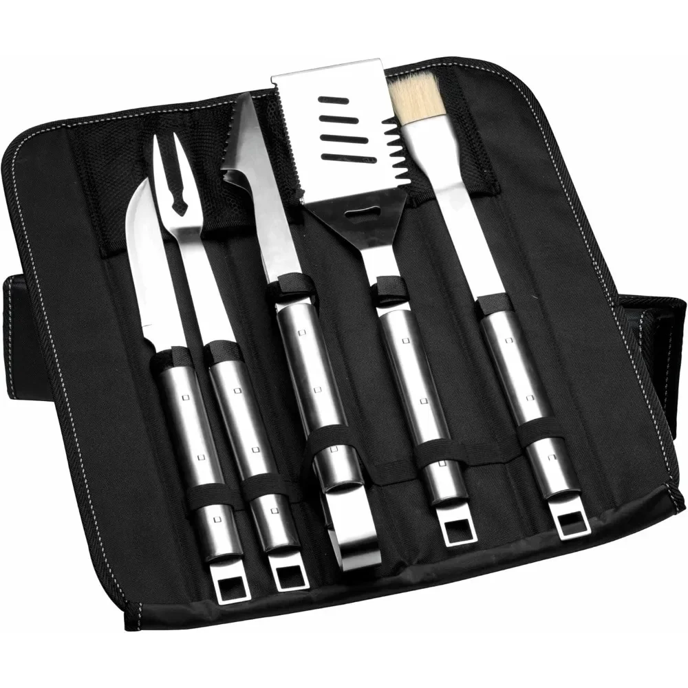 

Barbecue Set 6 Pieces (Barbecue Tool with Folding Bag, BBQ Set Including Grill Fork, Knife, Marinating Brush, Tongs, Spatula,