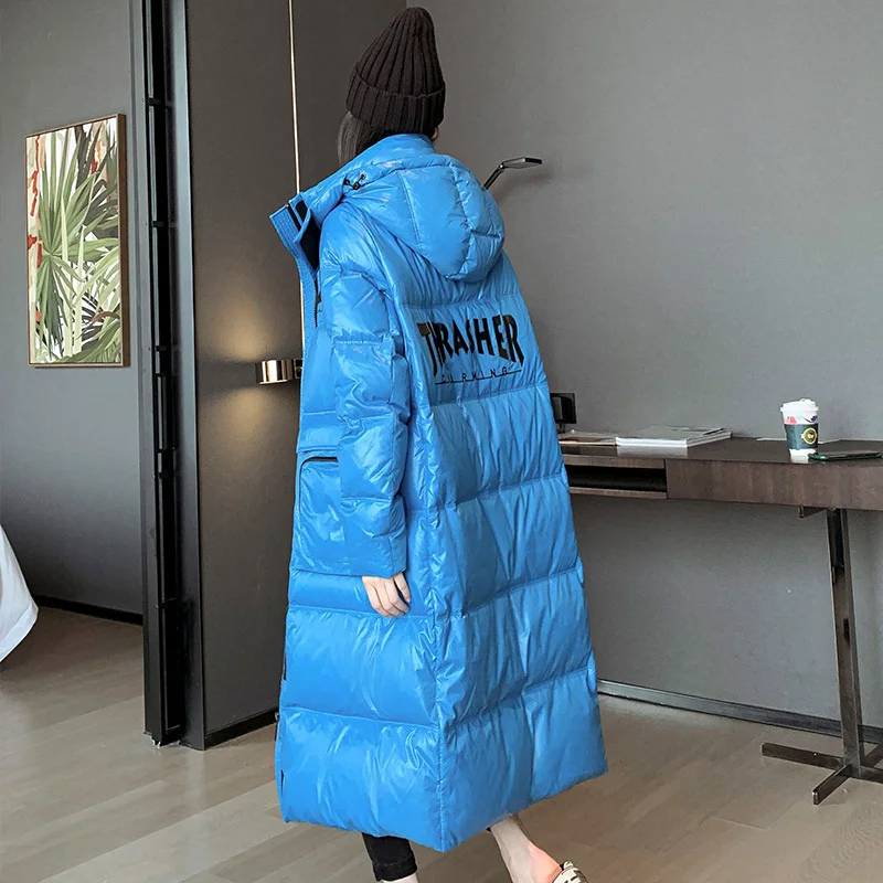 

Glossy Women's Winter Fashion Loose White Duck Down Jacket Thick Warm Hooded Long Parka Coat Women 2023