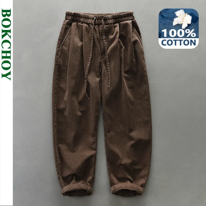 100% Cotton Loose Vintage Cargo Trousers for Men Clothing Simple Drawstring Joggers Streetwear Men AZ675