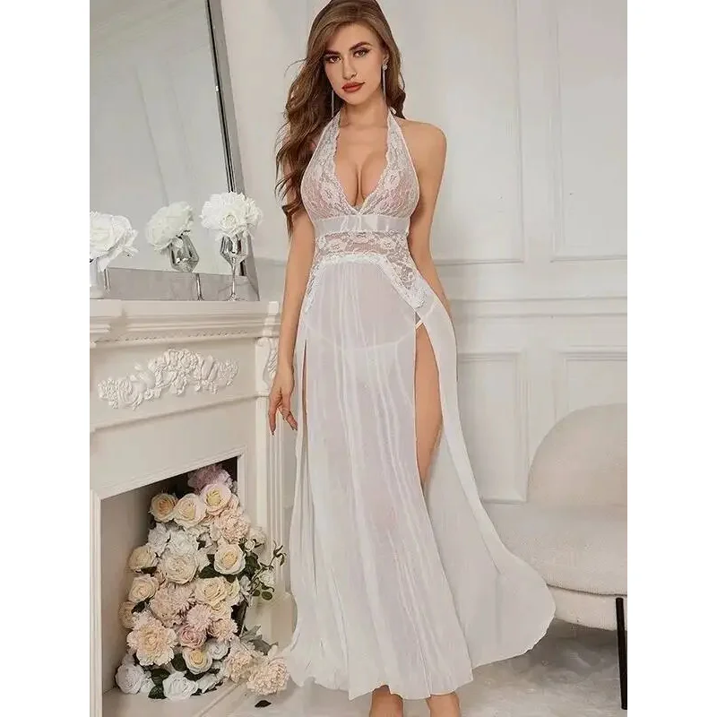 Camisón Sexy con tirantes para mujer, vestido largo de malla con tirantes divididos, Espalda descubierta, transparente, puro deseo, novedad de 2026