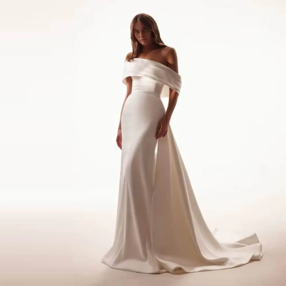 Personalizado fora do ombro vestido de casamento para mulher noiva sereia cetim vestidos de noiva para noiva sem mangas vestidos trem vestido de noiva