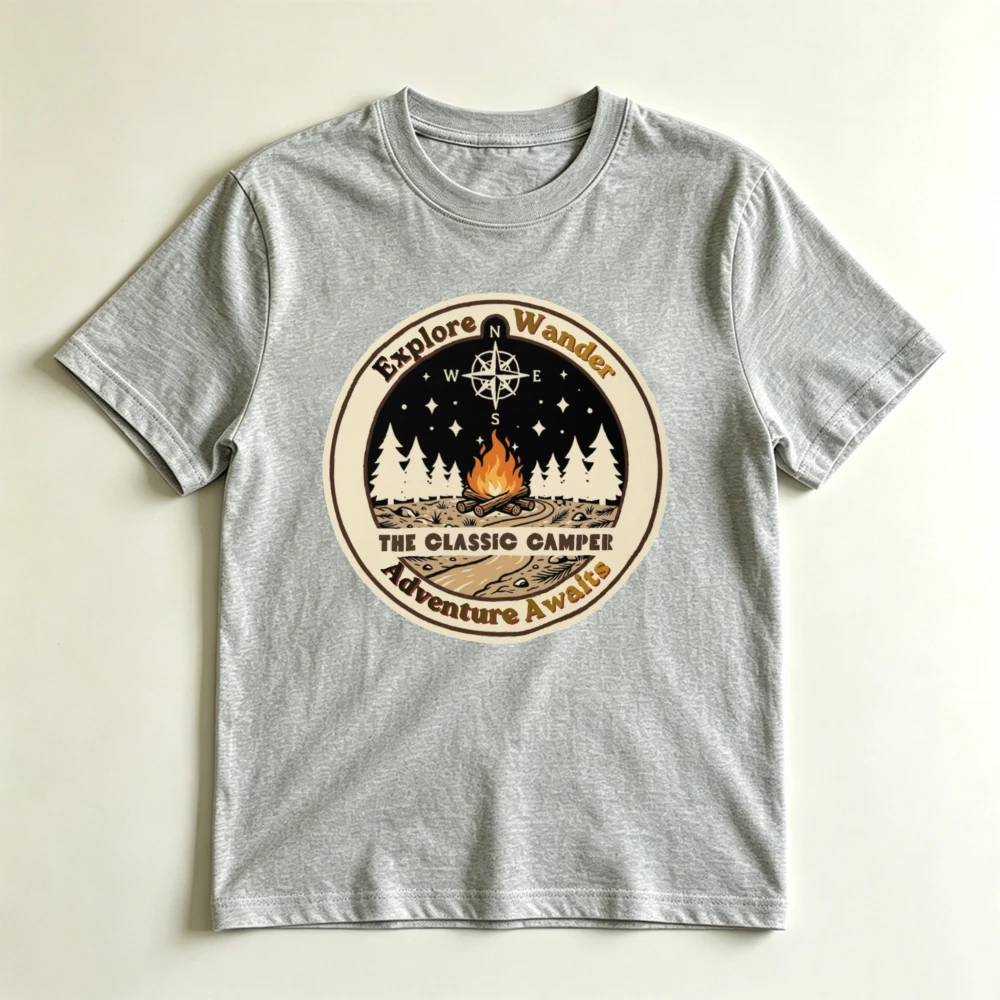 Wanderlust Explorer Gift T-Shirt Classic Camper Explore Wander Starry Forest Campfire Compass Vintage Badge Print Short Sleeve