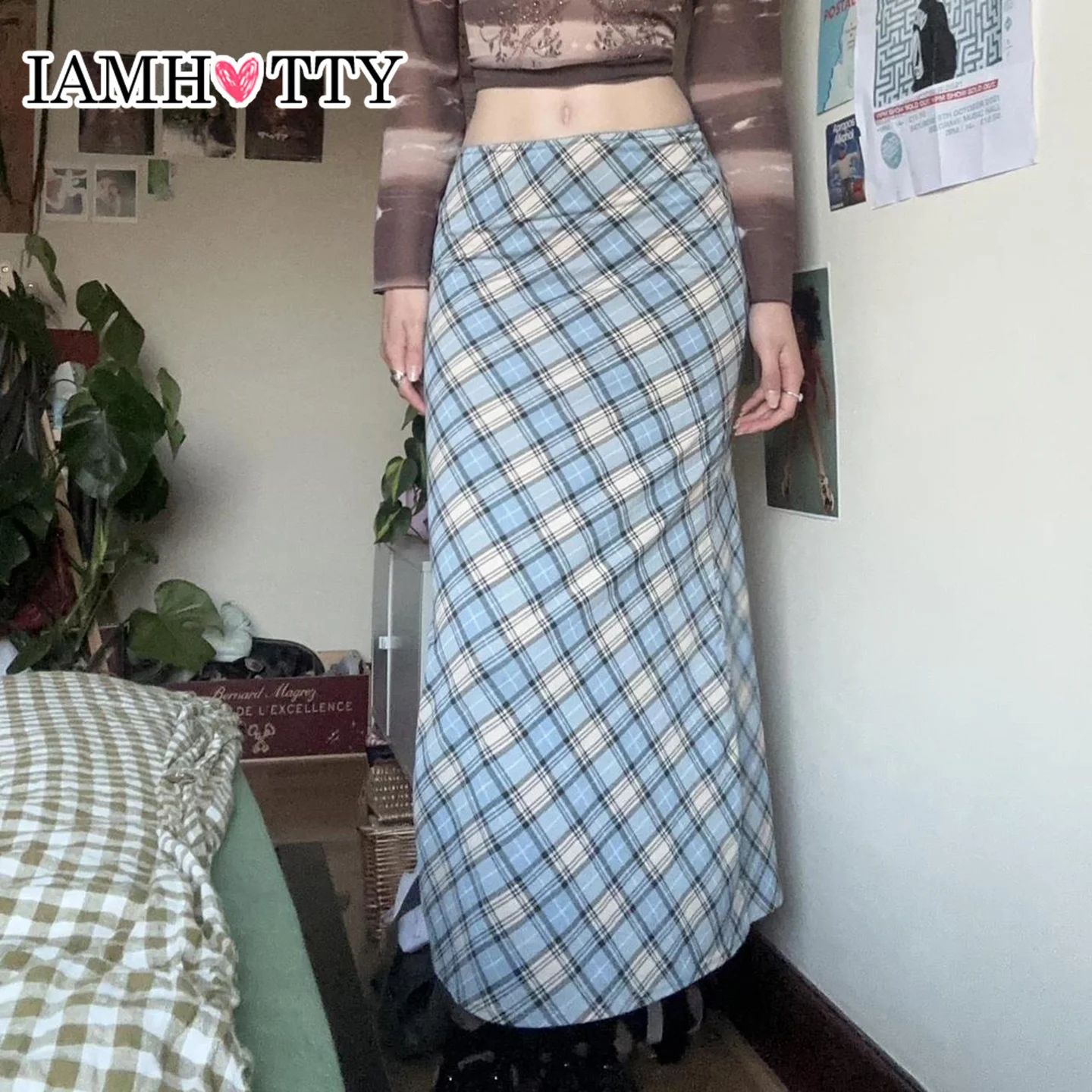 

IAMHOTTY Plaid Straight Long Skirt College Style Mid Waist Skirts Elegant Slim-fit Bottoms Vintage Streetwear French Outfits New