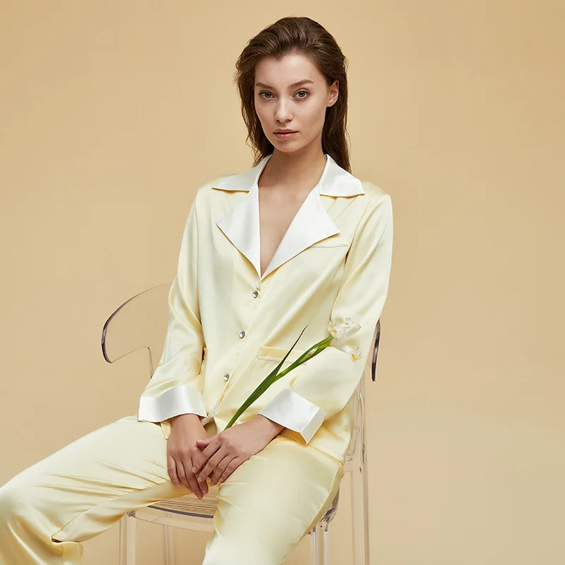 Spring Autumn Female Pajamas Set Long Sleeve Trouser Suits Pyjama Pour Femme Fashion French Style Loose Satin Sleepwear Homewear