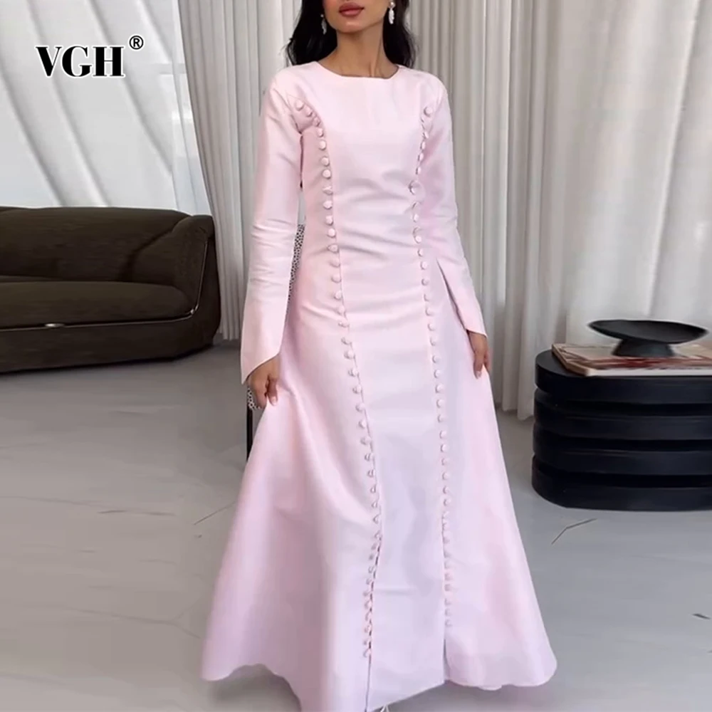 

VGH Solid Designer Slimming Dinner Dresses For Women Round Neck Long Sleeve High Waist Autumn Elegant Dress Female Fashion New