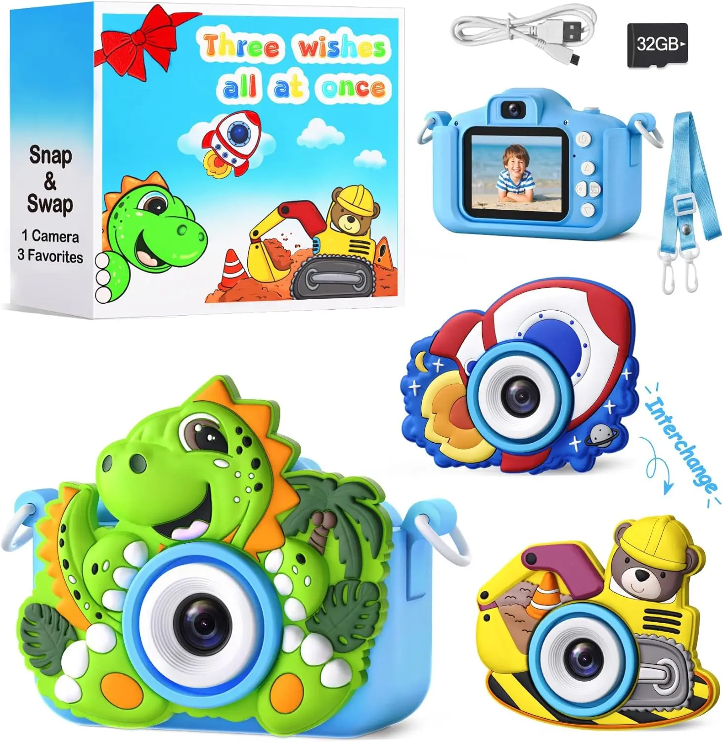 

Kids Digital Camera Toy for Boys Age 3-5, Blue Children Selfie Camera with 32G SD Card, Birthday Gift