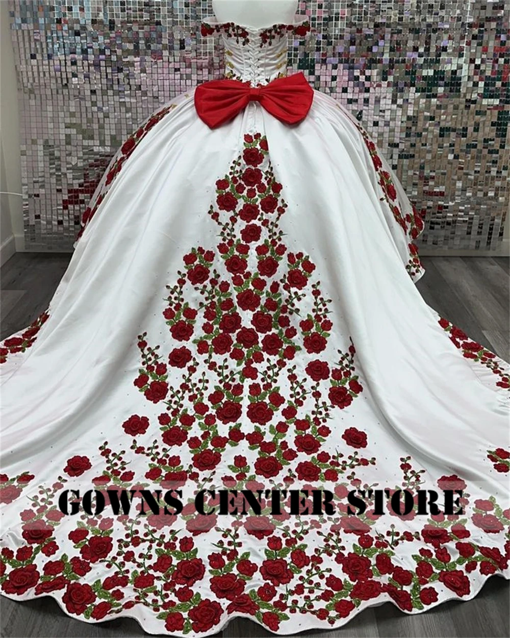 Red Roses Embroidery White Satin Quinceanera Dress 2026 Ball Gown Charro Mexican Dress Off The Shoulder vestido de 15 Customized