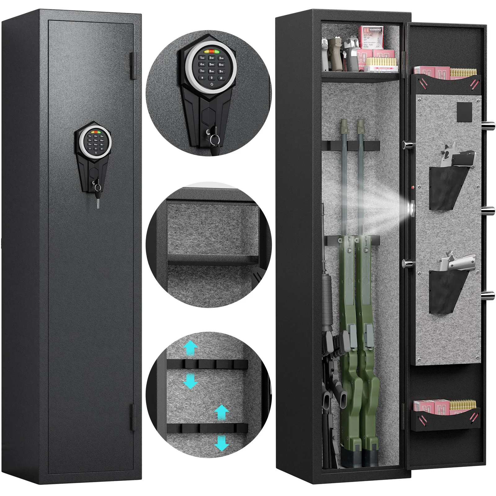 Quick Access Rifle Gun Safe with Silent Mode and Alarm System，Gun Cabinet with Removable Shelf and 3 Adjustable Gun Slots