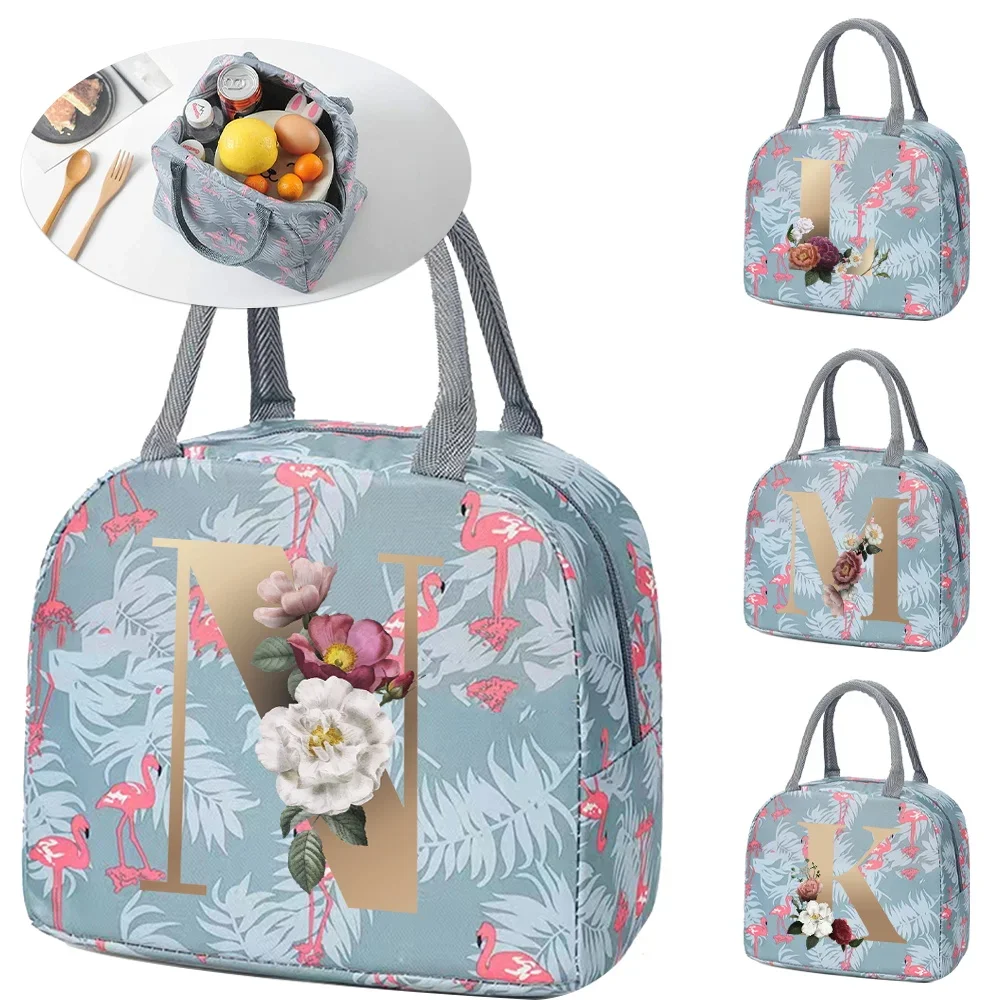 

Lunch Box Thermal Bag Cute Sweet Trendy Tote Food Storage Bag Organizer Kids Blue Flamingo Printing Gold Letter Series