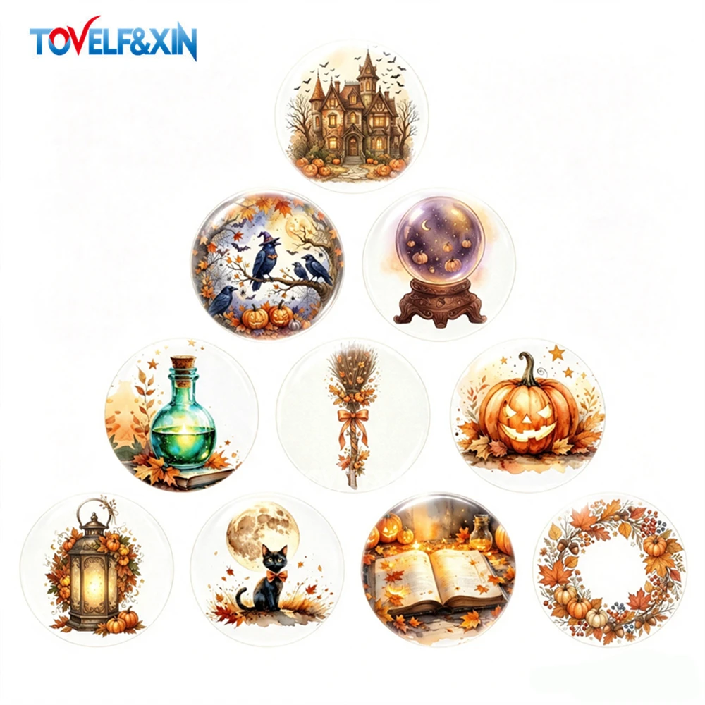 10Pcs Vintage Halloween Glass Cabochons Retro Pumpkin Moon Raven Witch Round Dome Cabochons DIY Jewelry Making Supplies