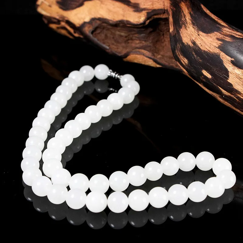 Hotan Round Bead , Sheep Fat , Qinghai White Jade Women'S Necklace