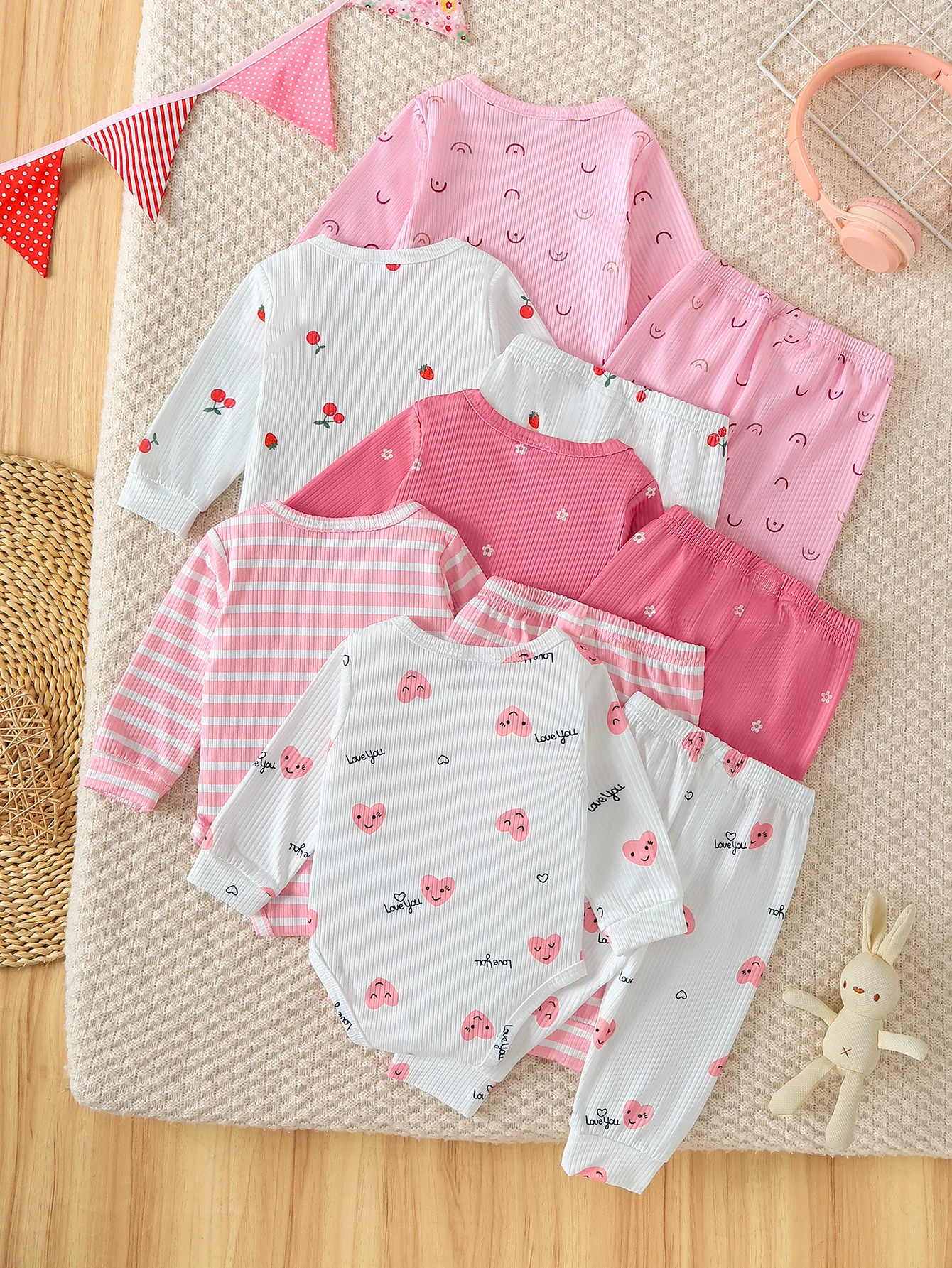 Black Friday Sale 10Pcs Baby Girl Outfit Bundle, 0-18M Ribbed Bodysuit & Pants Set, Cute Printed Infant Clothing