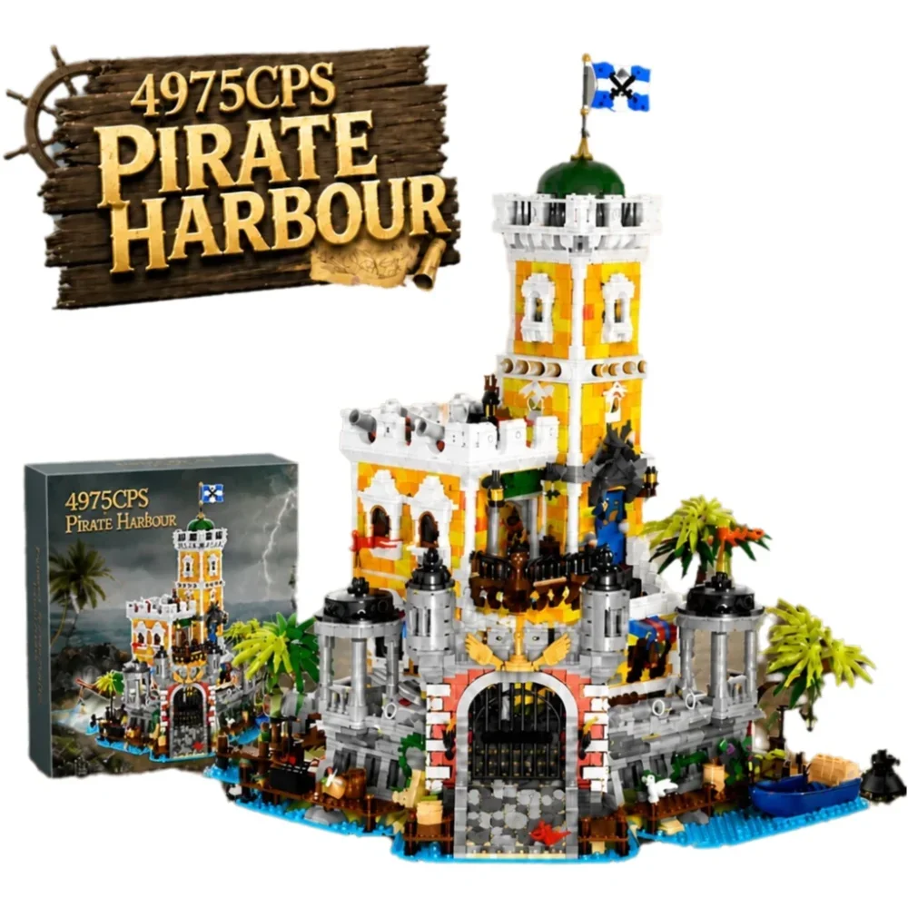 Klemmbausteine Piratenhafen Mittelalterliche Burg Beleuchtete Bausteine Straßenansicht Modulares Montagemodell Bausteine-Kollektion Geschenk für Erwachsene 4975 Teile
