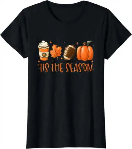 Womens Tis The Season Pumpkin Leaf Latte Fall Thanksgiving Football T-Shirt Gift