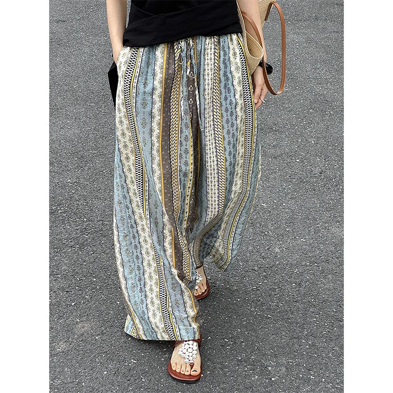 

Women Striped Wide Leg Pant High Waist Thin Slimming Straight Long Pants