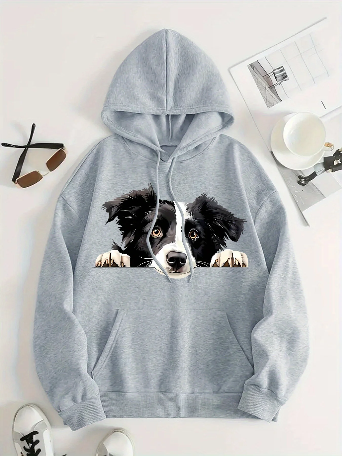 2025 Four Seasons Autumn and Winter Women's Border Collie Puppy Pattern Hoodie Hooded Sweatshirt Casual Pullover Daily and Pet