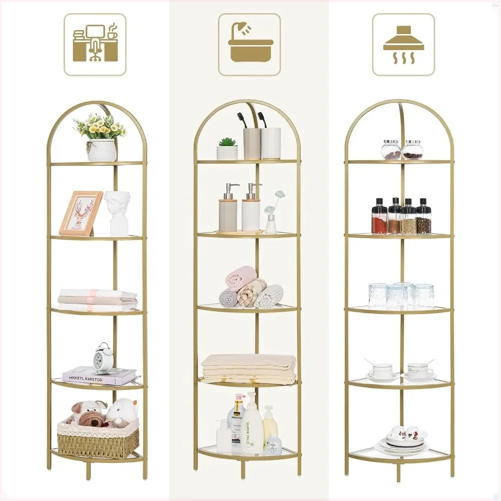 

5-уровневая угловая полка, металлическая угловая книжная полка, полки из закаленного стекла, полка для хранения в ванной комнате, подставка для растений, золотая