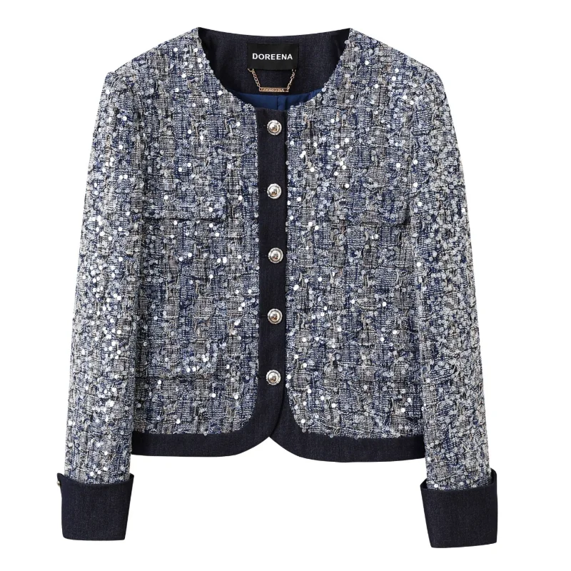 

Fashion Denim Splicing Tweed Sequined Short Coat Women Casual Shiny Versatile Fragrance Style French Short Coat for Women