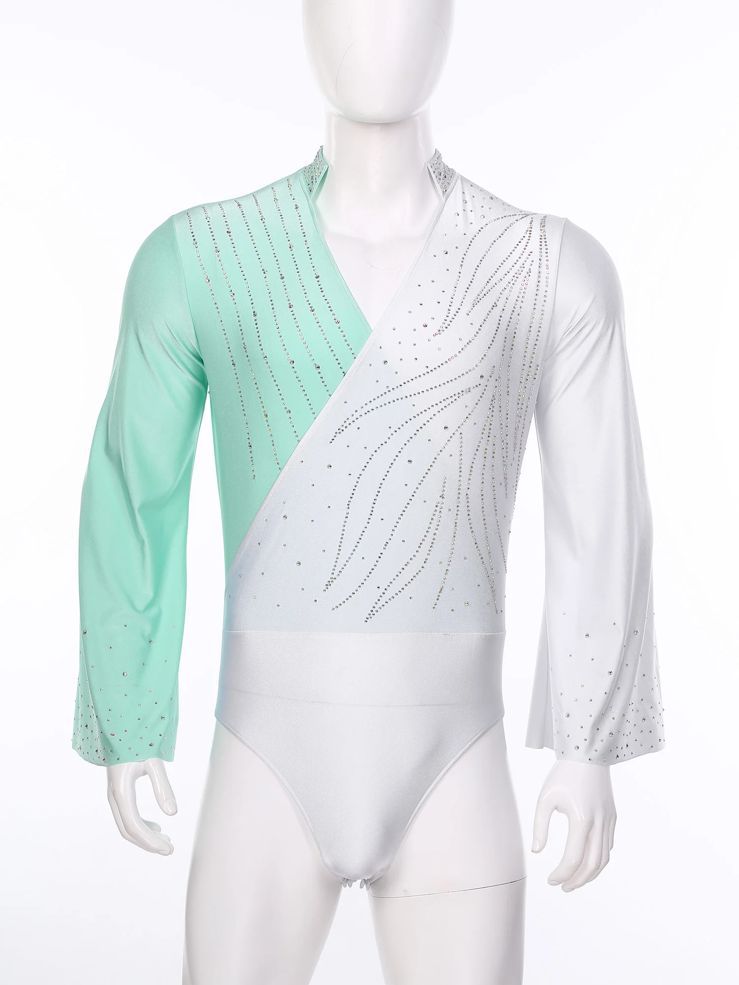 Men Ballet Dance Leotard Flare Sleeve Shiny Rhinestones Bodysuit Figure Skating Gymnastics Acrobatics Stage Performance Costume