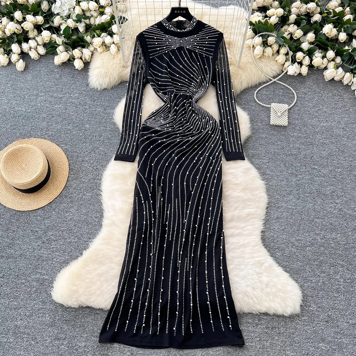 Women's Rhinestones Décor Lepard Print Long Maxi Dress Glam Hallucination Mesh Crystal Diamonds Party Dress Celebrities Outfits