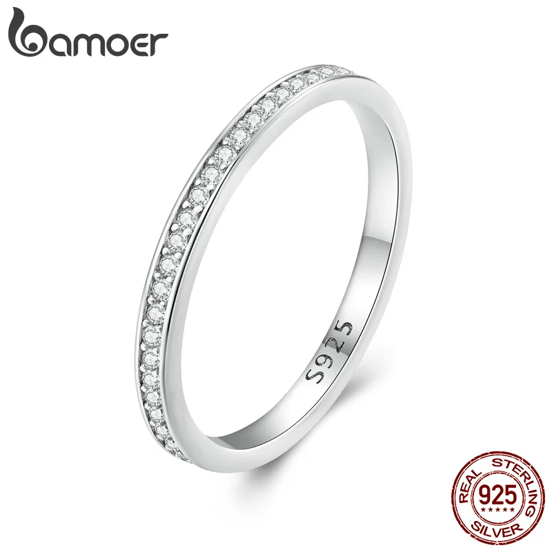 

BAMOER Moissanite Wedding Band 925 Sterling Silver Eternity Rings Platinum Plated Lab Created Diamond Stackable Ring for Women