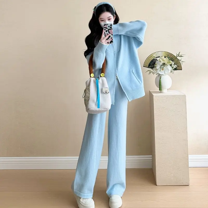 Coffee Lazy Wind Pocket Zipper Knitted Suit Women\'s 2024 Autumn and Winter New Korean Version Loose Wide-leg Pants Two-piece Set