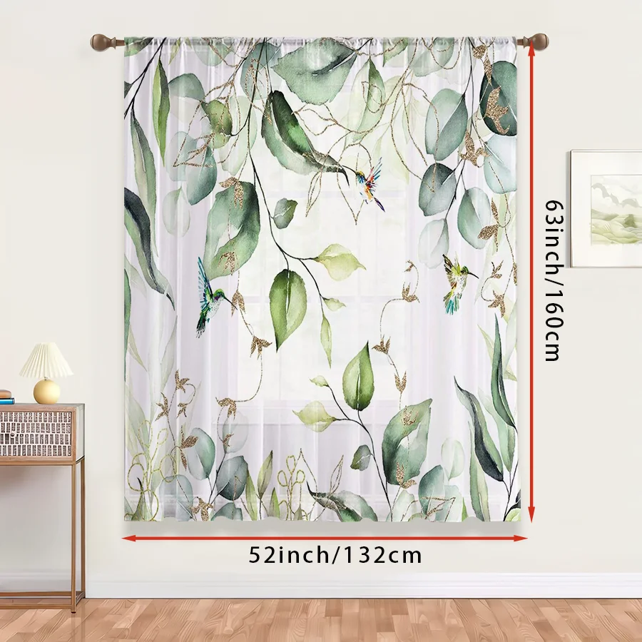 1PC Sheer Curtain Eucalyptus Leaf Hummingbird Print, Rod Pocket Window Curtain for Living Room Bedroom Nature Decor