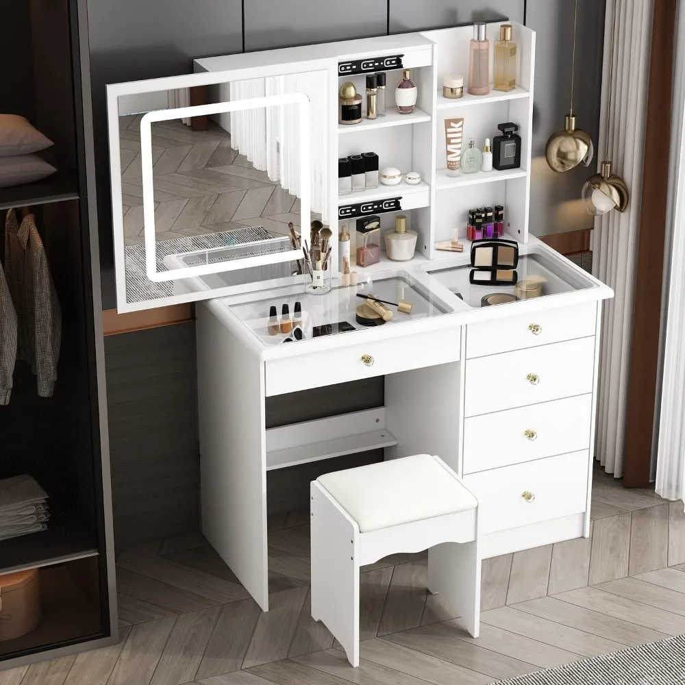 

Homsee Vanity Desk Set Makeup Table with Large Sliding Lighted Mirror & Glass Top, Modern Dressing Table with Drawers, Storage