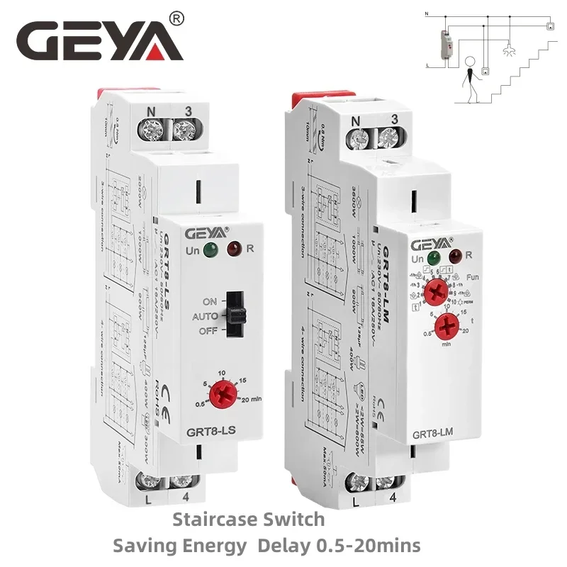 GEYA GRT8-LS/LM Din السكك الحديدية الدرج التبديل الإضاءة الموقت التبديل 230VAC 16A 0.5-20 دقيقة تأخير قبالة التتابع مفتاح الإضاءة