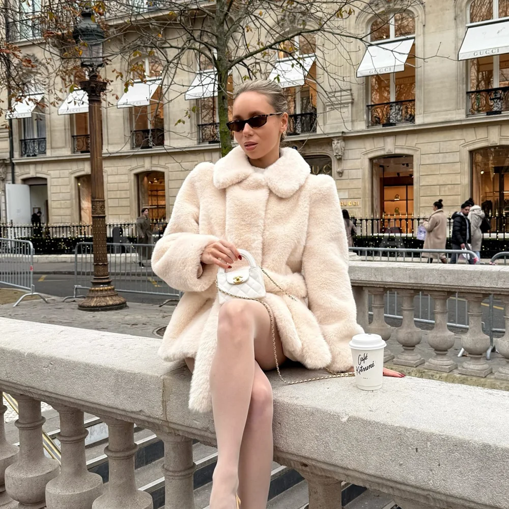 

KONDALA 2025 Fall Winter Faux Fur Women Streetwear Coats Fashion Elegant Sashes Turndown Collar Chic Ladies Solid Coats