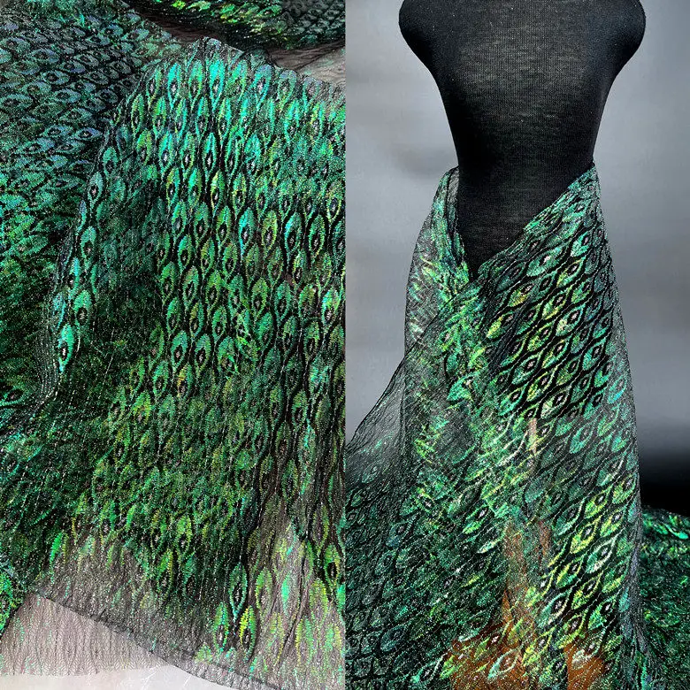 Colorful Laser Peacock Feather Hollow Transparent Lace Fabric Lightweight Designer Hanfu Material for Clothing Appliqué Sets
