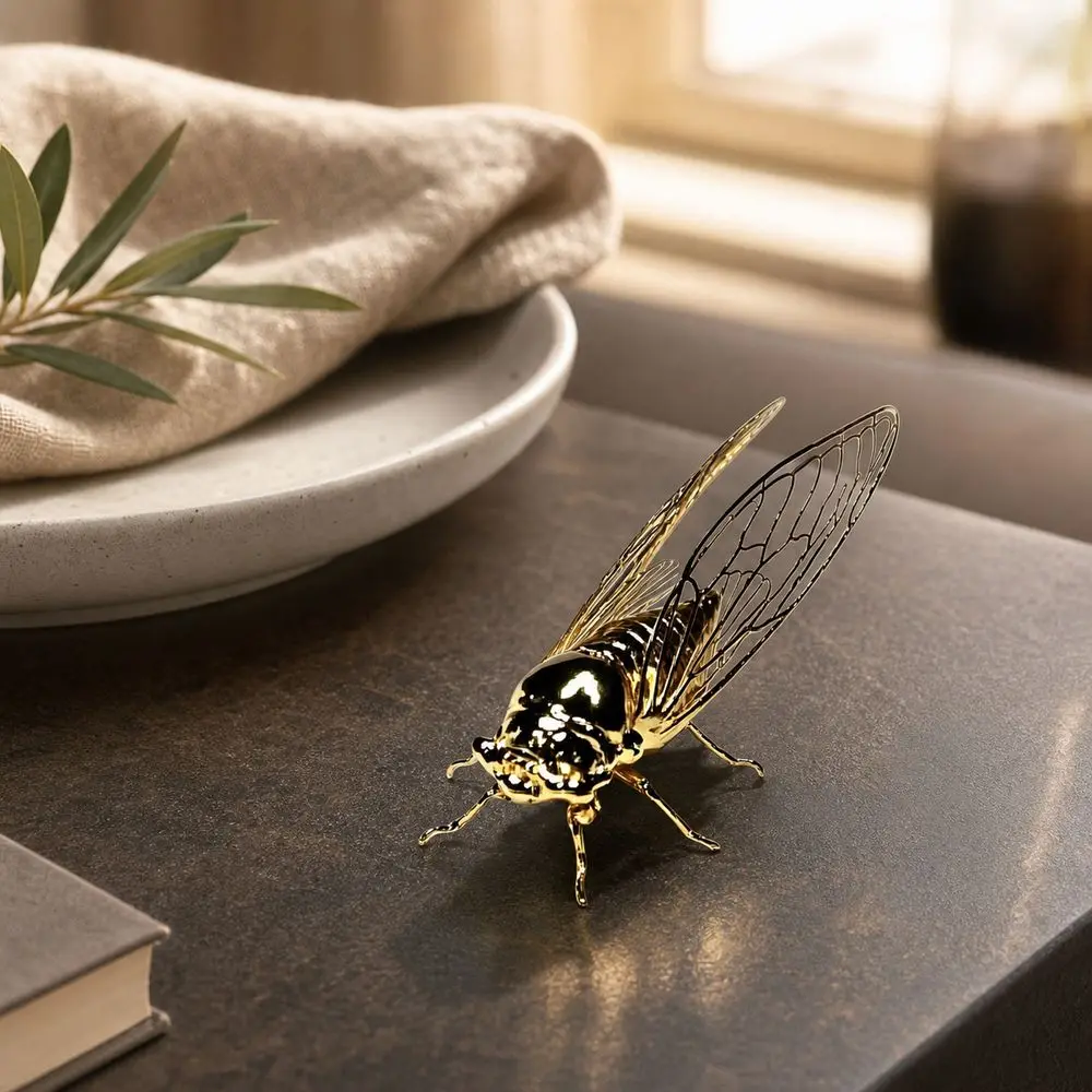 Golden Finish Golden Cicada Figurine Realistic Details Hollow Wings Insect Figurine Vintage Style Metal Cicada Ornament