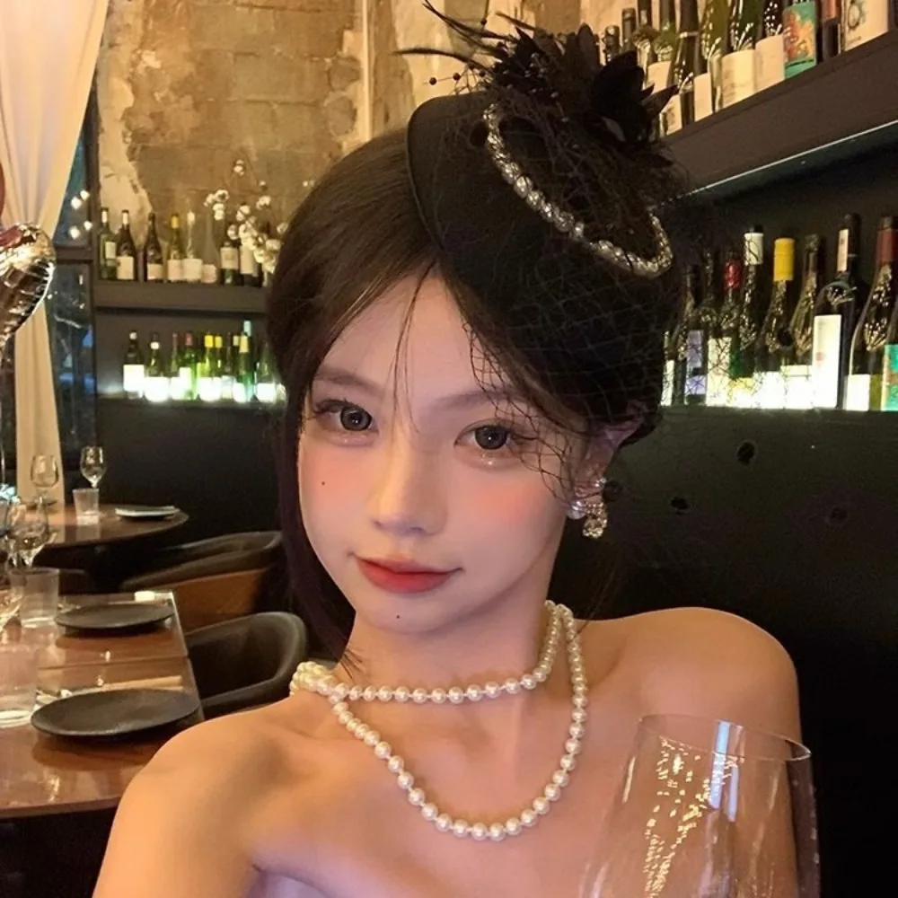 

New Elegant Bridal Headwear Pearl Flower Mesh Wedding Veil Hat Temperament Vintage Fascinators Hat For Women