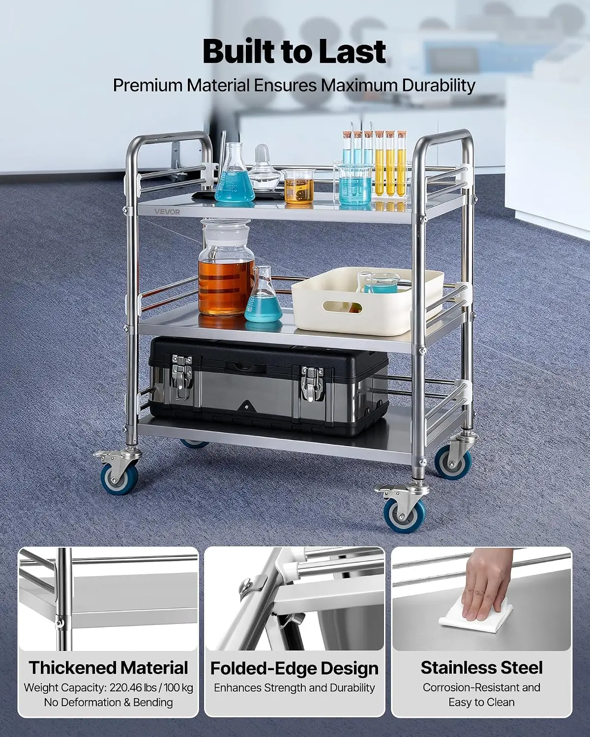 Stainless Steel Rolling Cart, 3-Tier Metal Utility Cart with Lockable Wheels, Medical Serving Trolley Clinic Tray, Mobile Servic