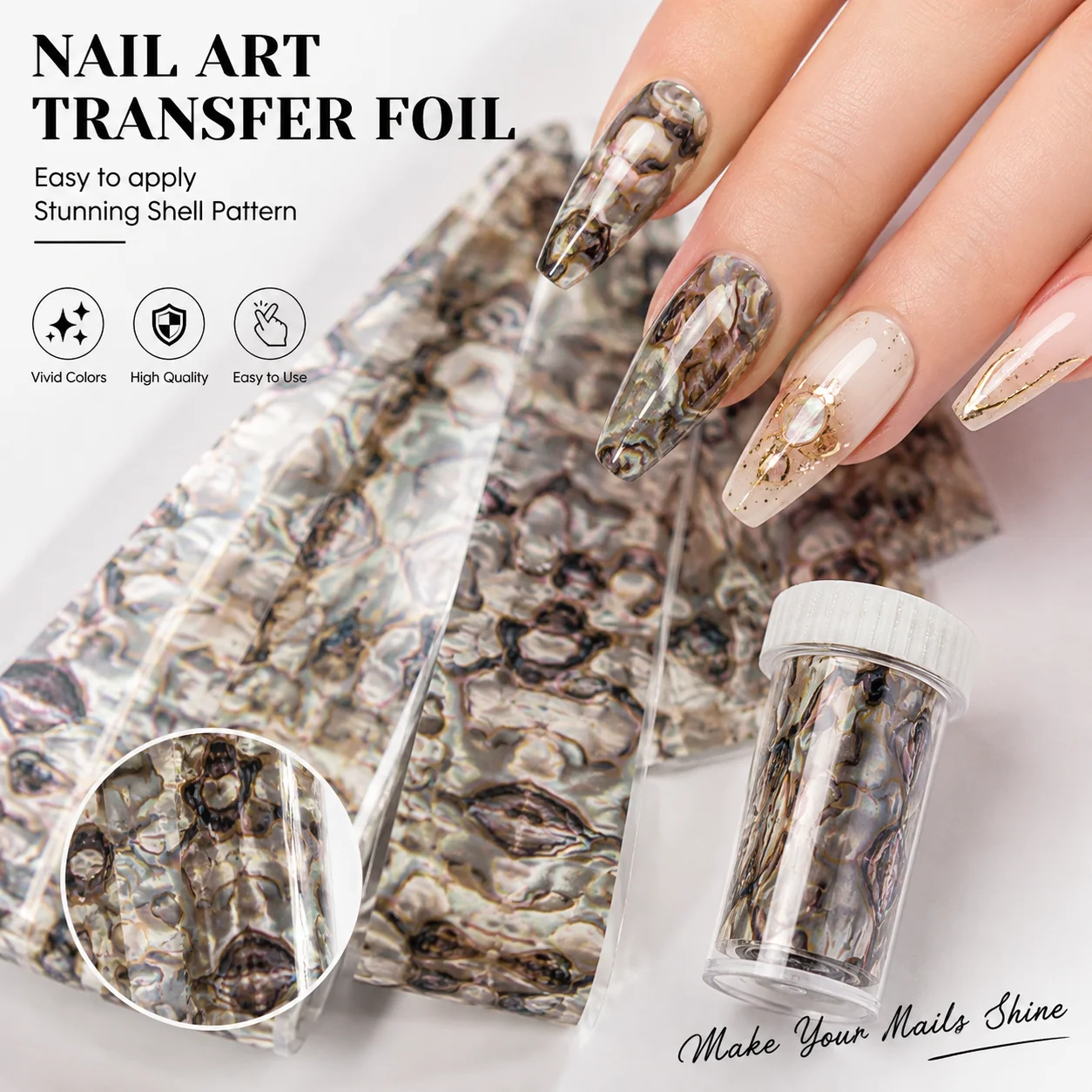 1 Box Abalone Shell Marble Nail Art Transfer Foil Stickers, Long Holographic Nail Wraps for DIY Manicure, Long Nail Decals