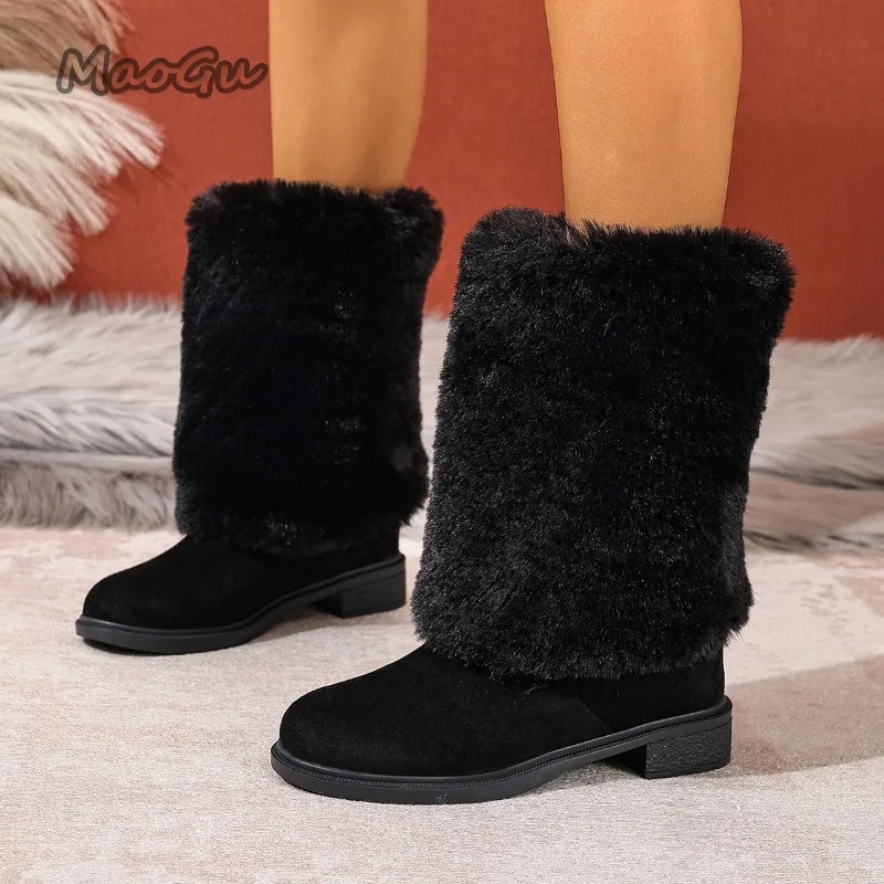 Winter Plush Snow Boots Plus Size36-43 Outdoor Warm Mid-Calf Boots Black Cotton Shoes for Women Slip on Botas Mujer Pink Botines