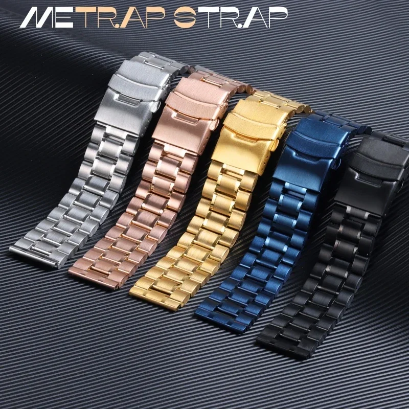 Stainless Steel Watch Strap 18mm 20mm 22mm 24mm Curved End Watch Band with Insurance Folding Buckle Metal Bracelet Accessories