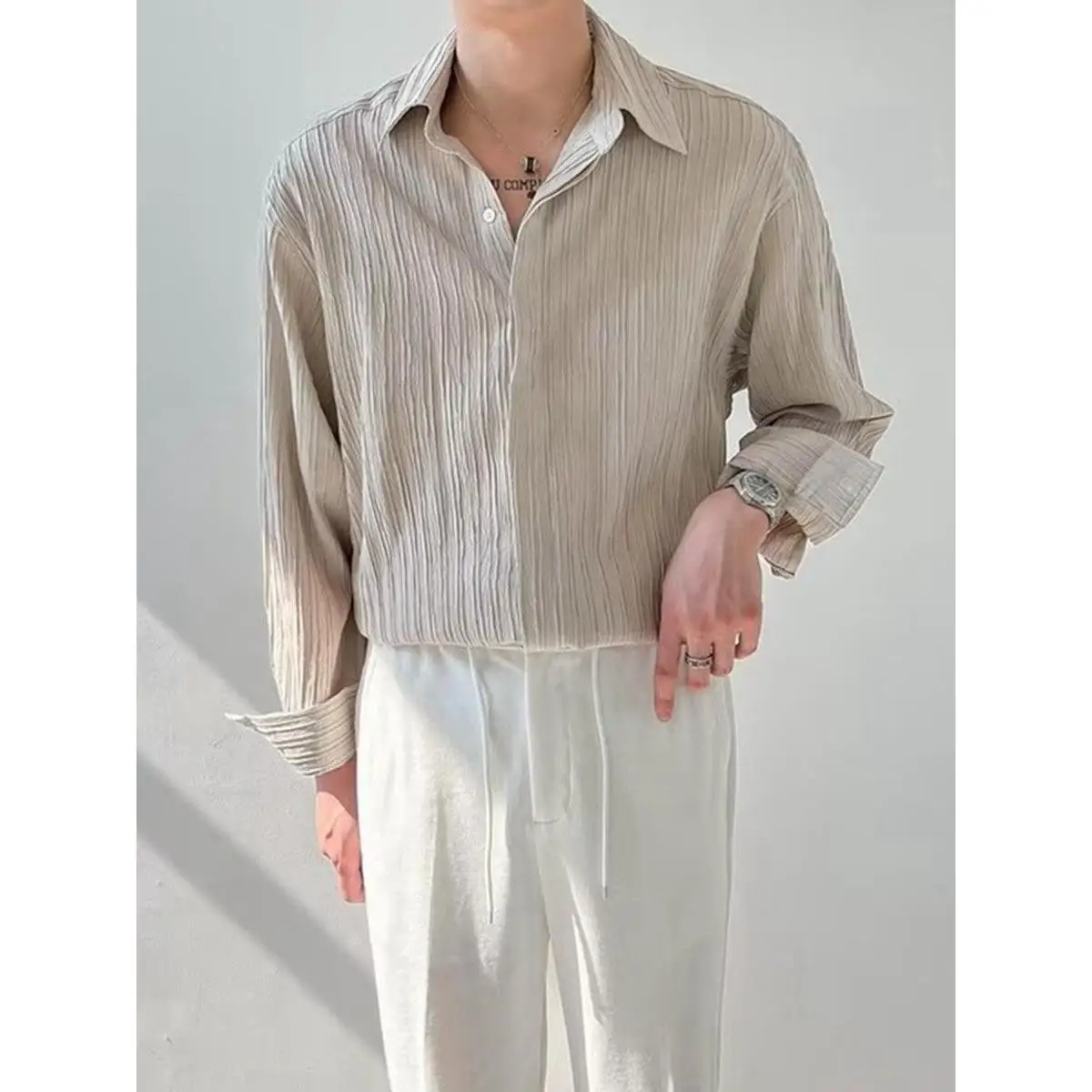 Men's Casual Long Sleeve Shirt Folded Texture Drape Style Spring New Loose Fit Korean Trend No Ironing Required Fashionable S...