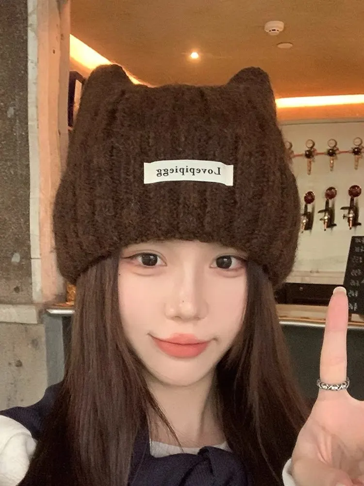 Warm Knitted  Ear Hat Women's Style Winter Fashionable Small Face Effect Cosy Woolen Non-Brim Cap for Casual Daily Use