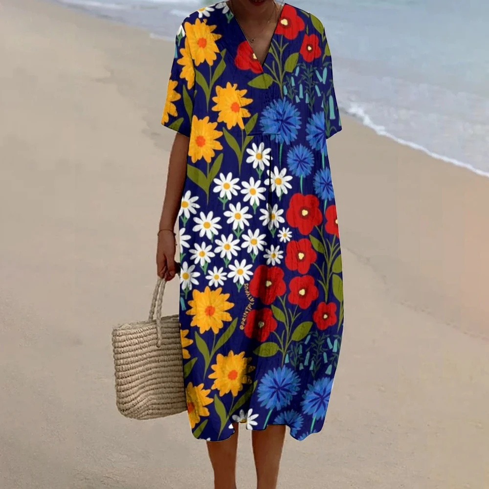 

Women's Flower-Patterned Dress Colorful Flower-Print Skirt Vibrant Beach Dress With Diverse Flower Designs Flowery Delights Wear