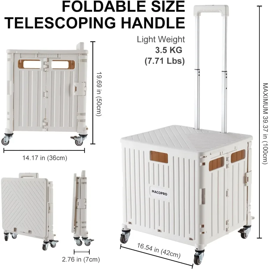 Foldable Utility Cart with Durable Heavy Duty Plastic Telescoping Handle and 4 Rotating Wheels for Portable Travel Shopping Lug