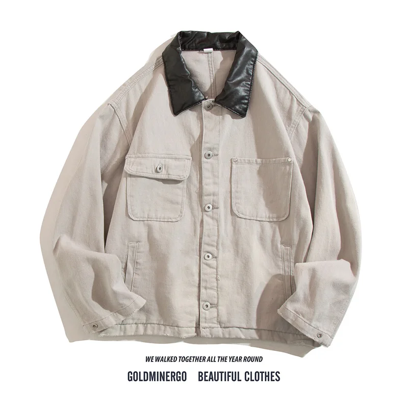 

Мужская джинсовая куртка свободного кроя в стиле ретро с множеством карманов и контрастным воротником, повседневная верхняя одежда в рабочем стиле