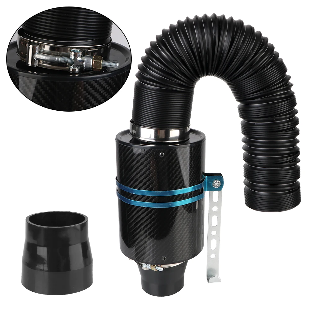 Car Carbon Fibre Cold Air Filter Universal Feed Enclosed Intake Induction Fiber Intake Filter Box Pipe Hose Kit 1 Set