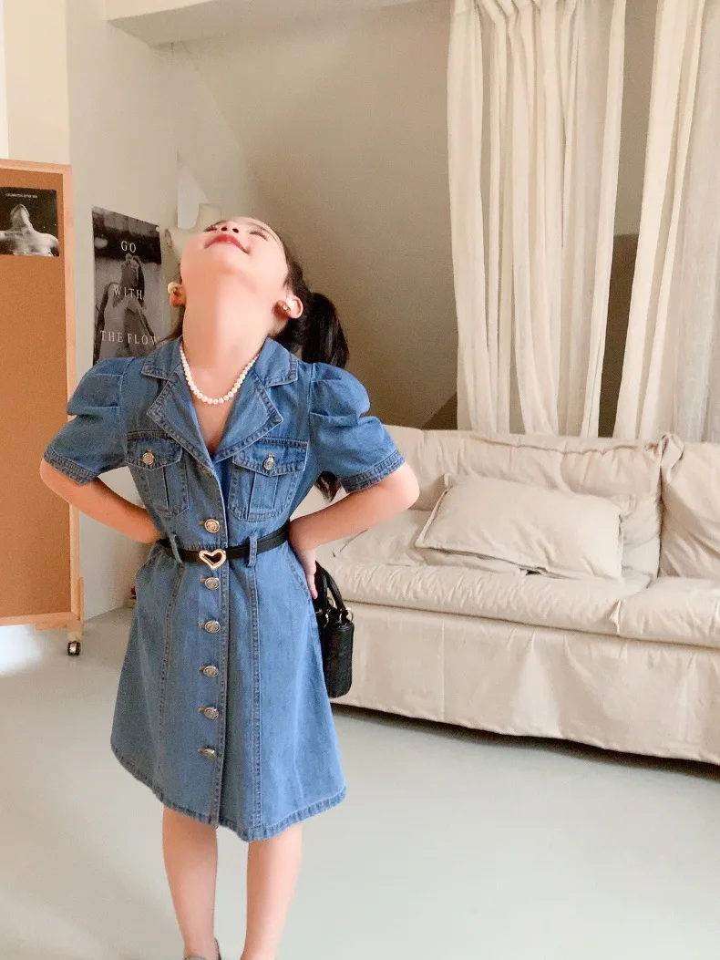 

Girls Jeans Dress 2025 Summer Fashion Thin Bubble Sleeves Retro Versatile Button Up Skirt