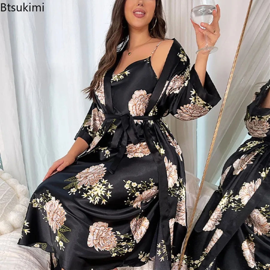 Loose Sexy Nightgown for Women Nightshirt Silk Satin Sleepwear Night Dress Black Printed Long Sleeve Sleep Two Piece Set Pajamas